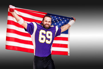 American football player closeup portrait. American football player with an american flag in his hands. Concept patriotism, celebration.
