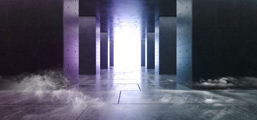 Smoke Concrete Columns Asphalt Dark Purple Pink White Glow Vibrant Reflections Grunge Garage Underground Tunnel Corridor Hallway Spaceship Empty 3D Rendering