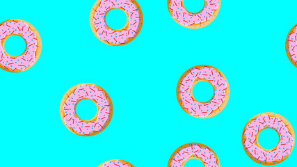 Seamless pattern, texture from round sweet flour tasty donuts to nourishing hot fresh, baking, sugar-coated cookies in a pink caramel candy store on a blue background. Vector illustration