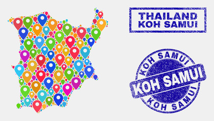 Vector colorful mosaic Koh Samui map and grunge stamps. Abstract Koh Samui map is designed from scattered colorful site markers. Stamps are blue, with rectangle and round shapes.