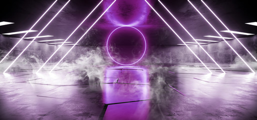 Smoke Neon Lights Virtual Circle Sci Fi Futuristic Glowing Purple Tiled Hexagon Floor Concrete Grunge Dark Room Virtual Hallway Club Studio 3D Rendering