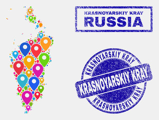 Vector colorful mosaic Krasnoyarskiy Kray map and grunge stamp seals. Flat Krasnoyarskiy Kray map is composed from random colorful geo pointers. Stamp seals are blue, with rectangle and round shapes.