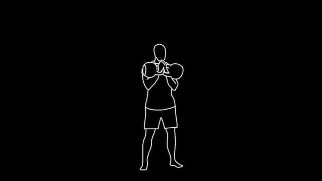 4K line drawing of a man doing a kettlebell exercise in a seamless loop, white on black background.