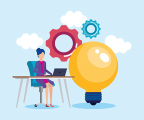 mini woman with bulb light idea vector illustration