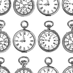 Fototapeta na wymiar Seamless pattern of outlines of old pocket watches