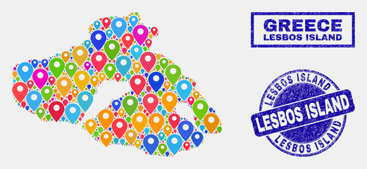 Vector bright mosaic Lesbos Island map and grunge stamp seals. Abstract Lesbos Island map is formed from scattered colorful geo pins. Stamp seals are blue, with rectangle and round shapes.