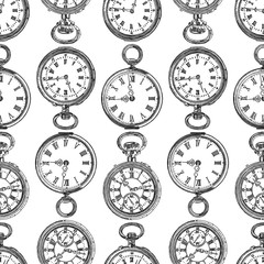 Fototapeta na wymiar Seamless pattern of various drawn pocket watches