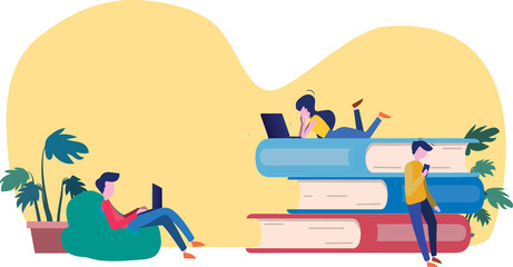 E-learning concept illustration of young people using laptop and tablet pc for distance studying and education. Flat design of guys and young women sitting on the books and reading for self education
