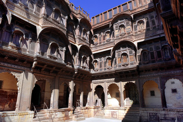 Naklejka premium inside Mehrangarh fort view at the decorative building facade in Jodhpur, Rajasthan, India