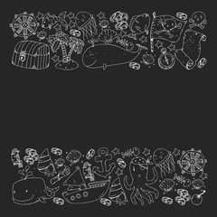 Ocean and sea for children. Pattern for boys. Pirate party. Cute fishes, animals, treasures. Kids vacation pattern, beach toys and elements.