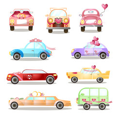 Set of different colorful wedding or holiday cars, city streets