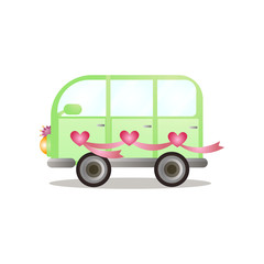 Green colorful bus van just married couple