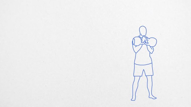  4K line drawing of a man doing a kettlebell exercise in a seamless loop, blue ink on white textured paper with space for text.