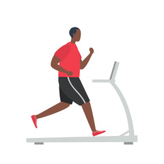 Young black man in a sporty uniform is running on a treadmill. People icon. Funny flat style. Vector illustration.