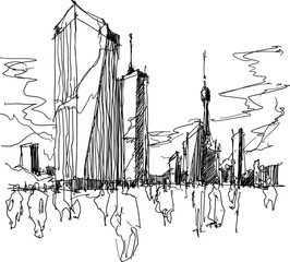 hand drawn architectural sketch of a modern city with high buildings and people in the streets