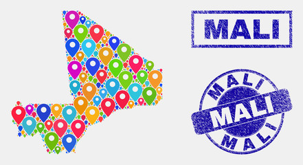 Vector bright mosaic Mali map and grunge stamp seals. Abstract Mali map is formed from scattered bright site pins. Stamp seals are blue, with rectangle and rounded shapes.