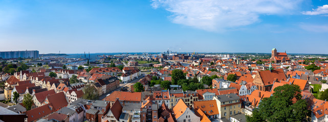 Naklejka na ściany i meble Wismar, Germany. Panoramic aerial view of the old town.