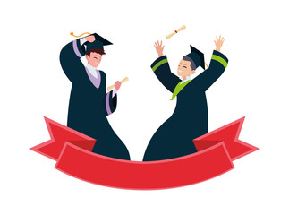 happy students boys graduated celebrating with ribbon