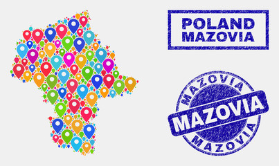 Vector colorful mosaic Masovian Voivodeship map and grunge stamp seals. Abstract Masovian Voivodeship map is formed from random colorful geo pins. Stamp seals are blue,