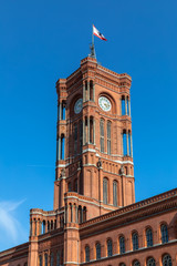 View of the clock tower of Red City Hall in Berlin