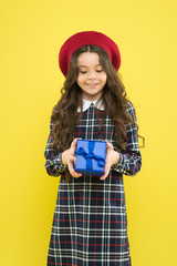 Fototapeta premium Shopping day. Happy child hold box. Girl shopping. Save money. Birthday surprise. Exclusive discount date of birth. Transforming shopping into an experience. Gift shop. Shopping and purchase