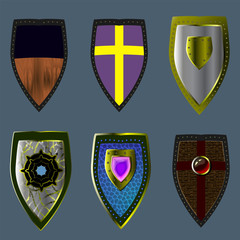 Elemental symbols for fantasy medieval casual game. cross symbol on the armor. Set of bright isolated cartoon knight's shields, colorful game fantasy medieval elements.