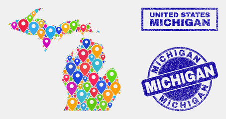 Vector colorful mosaic Michigan State map and grunge seals. Abstract Michigan State map is formed from randomized colorful map positions. Stamp seals are blue, with rectangle and rounded shapes.
