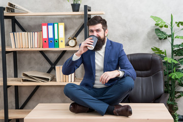 Mental wellbeing and relax. Man bearded manager formal suit sit lotus pose relaxing. Prevent professional burnout. Way to relax. Meditation yoga. Self care. Psychological help. Relaxation techniques