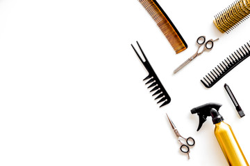 Set of professional hairdresser tools with combs and styling on white background top view mock up
