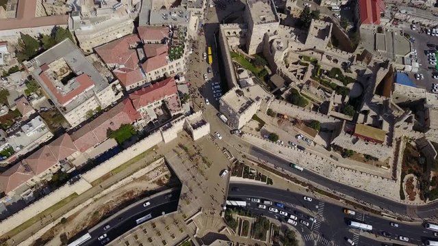 Top aerial view of Jaffa Gate, Tower of David. Old City Jerusalem. DJI-0041-02
