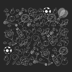 Vector pattern with sport elements. Fitness, games, exercises. Doodle icons in kids drawing style