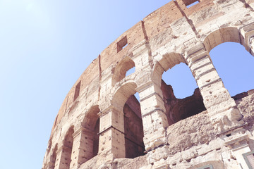Close up of The Colosseum in Rome, Italy, March 2019, with clear blue skies