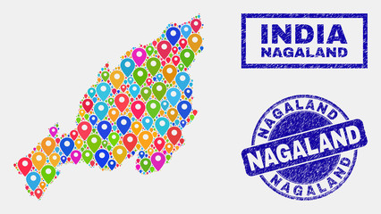 Vector bright mosaic Nagaland State map and grunge stamp seals. Flat Nagaland State map is composed from scattered bright geo positions. Stamp seals are blue, with rectangle and rounded shapes.