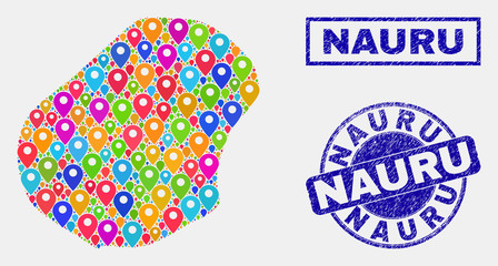 Vector bright mosaic Nauru map and grunge watermarks. Flat Nauru map is composed from randomized bright geo pointers. Watermarks are blue, with rectangle and round shapes.