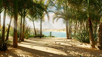 An oasis in the desert. Clear hot day. Distant mountains, sand dunes and a sultry sky. Beautiful scenery. Insects in the bushes and birds in the sky. Sand dunes and cacti. 3D Rendering