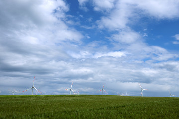 Fototapeta na wymiar Getreidefeld im Frühling und Windräder am Horizont mit blauem Himmel und Wolken - Stockfoto
