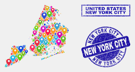 Vector colorful mosaic New York City map and grunge stamps. Abstract New York City map is designed from random colorful site positions. Stamps are blue, with rectangle and round shapes.