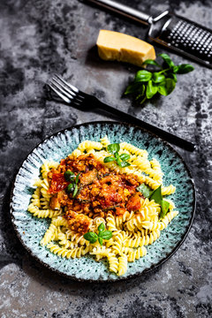 Spirelli with vegetarian bolognese, sunflower mince, zucchini, tomato, parmesan and basil