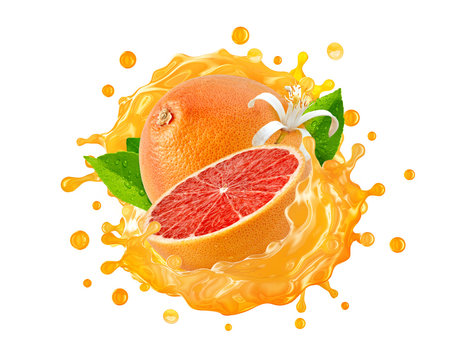 Fresh ripe grapefruit, grapefruit cut, juice, smoothie splash wave. Tasty detox diet juice splashing, grapefruit juice isolated.  Healthy citrus drink tropical fruit design element. 3D