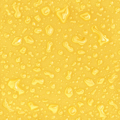 Seamless transparent water rain, juice, shower, dew drops or vapor steam bubbles on yellow background. Abstract water raindrops texture background for design overlay, juice droplets close up view. 3D