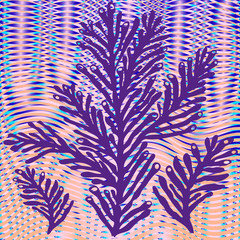 Stylised silhouette of sea koral isolated on multicolor wavy linear background. Ink hand drawn manual graphic. Element for design baby textile, wrapping paper, printing on clothes, covers, postcards © Rina Ka