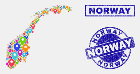 Vector bright mosaic Norway map and grunge seals. Abstract Norway map is designed from randomized bright geo pins. Stamp seals are blue, with rectangle and rounded shapes.