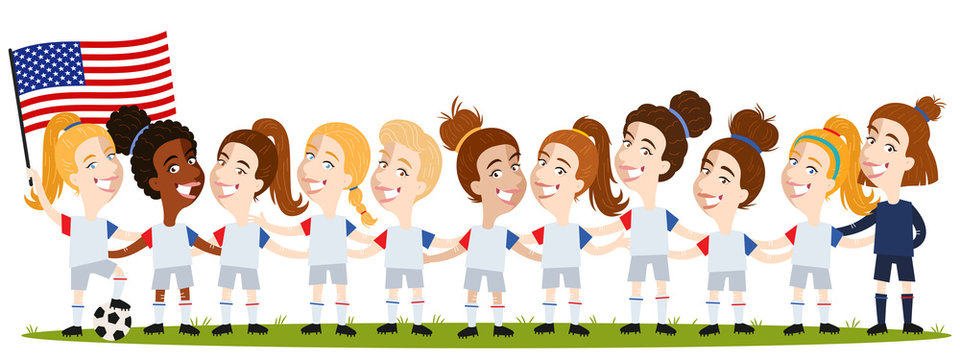 Women's football, US American team lineup cartoon