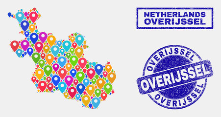 Vector bright mosaic Overijssel Province map and grunge stamp seals. Abstract Overijssel Province map is formed from scattered colorful geo markers. Stamp seals are blue,
