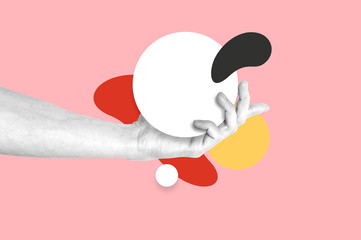 Man hand photo with abstract shapes fantasy illustration. Magazine collage style banner with space for text. Minimalistic trendy colors, flat design. Hands touching circle. Mixed styles, summer vibe