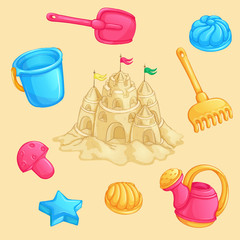 Summer set of sand toys and a large sand castle with towers and flags. Toy watering can, bucket, shovel, rake, sand molds. Family holidays with children on the beach.