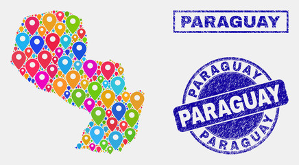 Vector bright mosaic Paraguay map and grunge stamps. Abstract Paraguay map is designed from randomized bright site locations. Stamps are blue, with rectangle and round shapes.