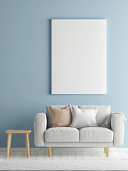 Blue room with sofa and mock up poster