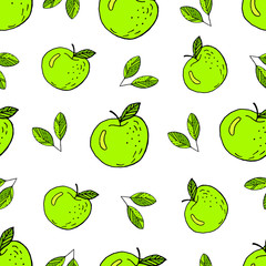 Apples green vector seamless pattern white background.