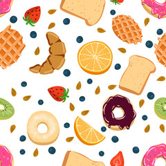 Seamless vector pattern with kawaii breakfast things on white background perfect for wrapping paper backgrounds etc.